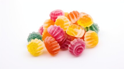 Poster - Colorful fruit-shaped gummy candies arranged on a white background showcasing a variety of vibrant sweet flavors and shapes.