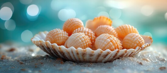 Poster - Cockles arranged on a shell against a blurred sea backdrop capturing a serene coastal atmosphere and natural textures