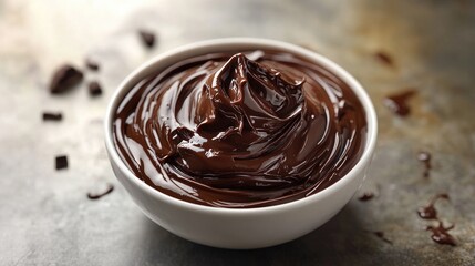Aufkleber - Decadent chocolate pudding in a white bowl on a rustic surface with chocolate chips scattered around the edges