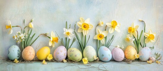 Poster - Colorful pastel Easter eggs arranged with fresh daffodils on a soft vintage background celebrating spring and holiday festivities.