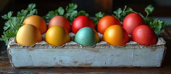 Aufkleber - Vibrant colored Easter eggs arranged in a carton with greenery on a rustic wooden background for a festive spring celebration.