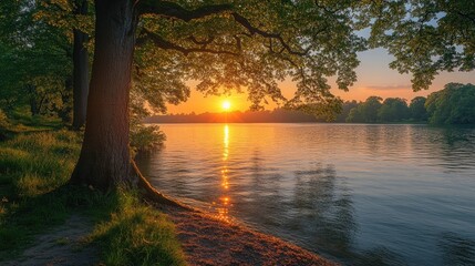 Poster - Tranquil sunrise over water with isolated trees casting shadows on the shore creating a serene natural landscape scene