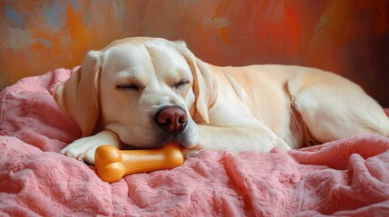 Poster - Dog peacefully sleeping on a pink blanket with a rubber bone in its paws creating a cozy and soothing atmosphere.