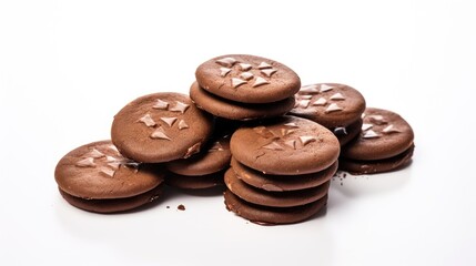 Poster - Chocolate cookies stacked artfully on a white background showcasing their delicious texture and design for culinary advertisements or recipes
