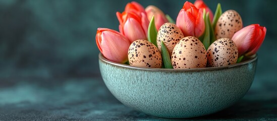 Aufkleber - Bowl of quail eggs surrounded by vibrant tulip flowers on a textured green background for spring or Easter themes.