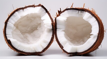 Aufkleber - Coconut halved displaying fresh white flesh and water inside on a clean white background for culinary and nutritional concepts.