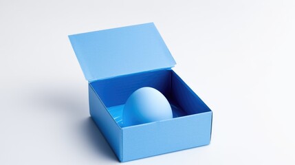 Poster - Blue Easter egg resting in an open blue carton with a clean white background ideal for seasonal promotions and holiday celebrations