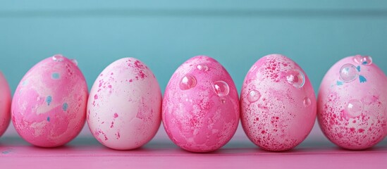Aufkleber - Colorful pink Easter eggs with bubbles arranged in a decorative line on a pastel backdrop perfect for festive spring celebrations.