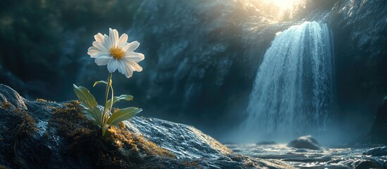 Poster - Delicate flower blossoming near a majestic waterfall surrounded by serene nature's beauty and tranquil scenery