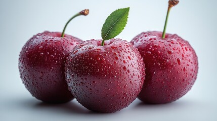 Poster - Three fresh cherries with water droplets and green leaves on a light backdrop showcasing vibrant red color and natural textures.