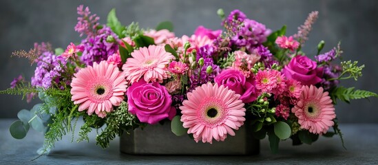 Poster - Vibrant pink summer bouquet arrangement with roses and gerberas beautifully displayed against a gray background in selective focus.
