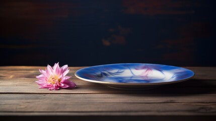 Poster - Close up of a pink flower beside a blue decorative plate on a rustic wooden table with a blurred background for an inviting ambiance.