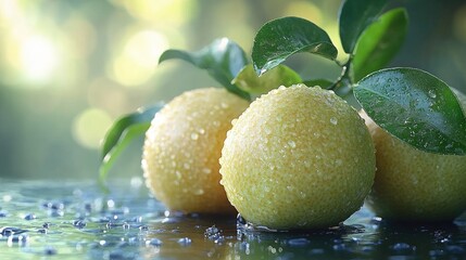 Poster - Ripe Guava Fruits with Water Drops Glowing in Natural Light on a Green Background