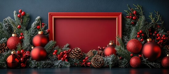 Aufkleber - Festive Christmas background with a red picture frame surrounded by pine branches, ornaments, and holiday decorations for seasonal displays.