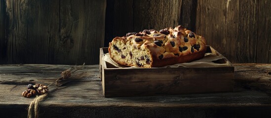 Poster - Traditional Christmas stollen cake featuring nuts raisins and marzipan displayed on a rustic wooden box with a natural backdrop