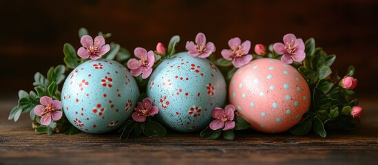 Aufkleber - Easter eggs beautifully decorated with flowers on a rustic wooden surface creating a charming festive atmosphere