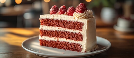 Aufkleber - Indulgent raspberry layered cake with creamy frosting beautifully presented on a wooden table in a cozy dining atmosphere