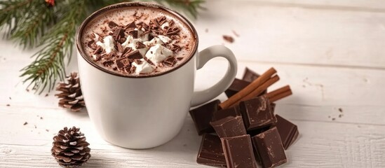 Poster - Cozy Christmas scene with hot cocoa topped with chocolate and cinnamon, surrounded by festive decorations on rustic wooden background