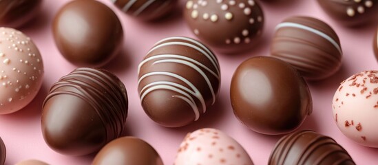 Poster - Easter chocolate eggs in various styles arranged on pastel pink surface flat lay creative concept for seasonal celebrations