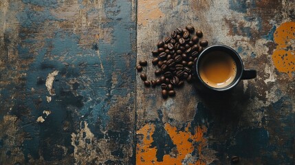 Poster - Coffee cup with brewed coffee and scattered coffee beans on a rustic wooden table with a distressed finish