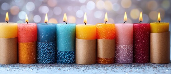 Poster - Colorful glitter candles in craft paper with flames against a blurred background ideal for festive celebrations and custom messages.
