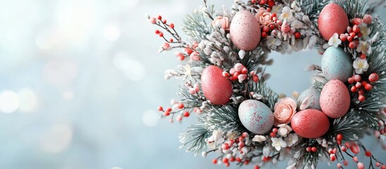 Aufkleber - Easter wreath adorned with colorful eggs and delicate flowers on a soft background creating a festive spring atmosphere