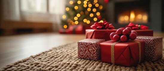 Aufkleber - Cozy living room scene decorated for Christmas with beautifully wrapped gifts and a glowing fireplace ambiance