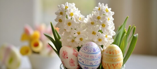 Aufkleber - Springtime Easter arrangement with white hyacinth flowers and beautifully decorated eggs in a vibrant display