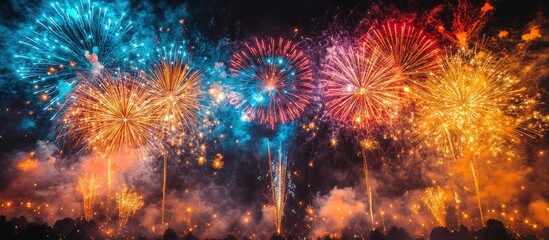 Poster - Vibrant fireworks display illuminating the night sky in a spectacular celebration of colors and light.