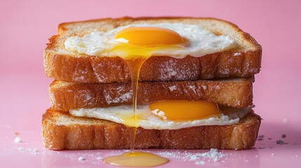 Poster - Delicious eggy bread stack with runny yolks on pink backdrop Perfect for breakfast or brunch culinary photography