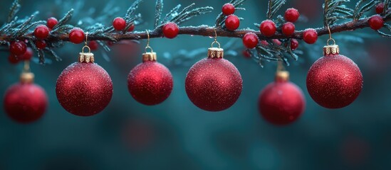 Poster - Festive red Christmas ornaments hanging from bare tree branches with frosty berries in a wintery setting