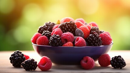 Aufkleber - Bowl of fresh blackberries and raspberries with blurred fruits background showcasing vibrant colors and texture ideal for healthy eating concepts