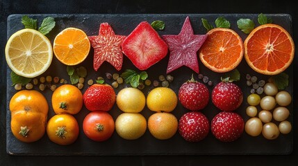 Poster - Colorful assortment of star-shaped fruits arranged artfully on a black slate platter showcasing vibrant colors and textures