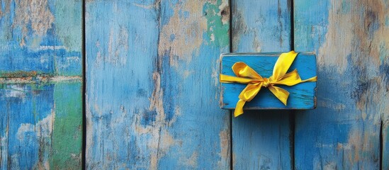 Poster - Blue gift box with yellow ribbon on weathered wooden background for festive celebrations and special occasions
