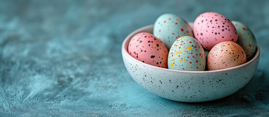Aufkleber - Colorful Easter eggs in a speckled dish on a textured light blue surface for springtime celebrations and festive dÃ©cor concepts.