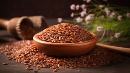 Poster - Brown raw whole flax seeds in a wooden bowl on a rustic table with scattered seeds and flowers in the background.