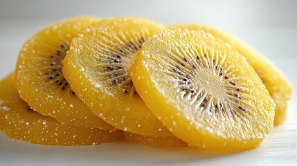 Poster - Fresh yellow kiwi fruit slices stacked beautifully on a white background showcasing their vibrant color and unique texture.