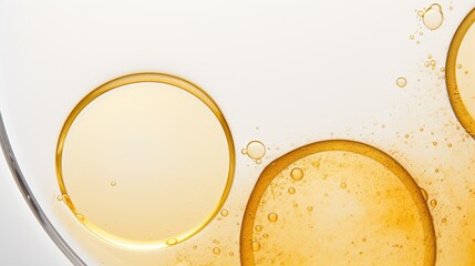 Aufkleber - Yellow oil swatch texture with bubbles in petri dish close up on white background showcasing organic materials and scientific aesthetics