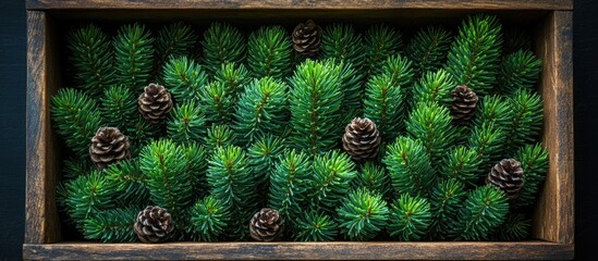 Aufkleber - Holiday pine needle arrangement with cones in rustic wooden box top view on dark surface for festive decor or seasonal themes.