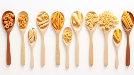 Poster - Varieties of pasta elegantly arranged in wooden spoons on a white background showcasing texture and shapes for culinary inspiration