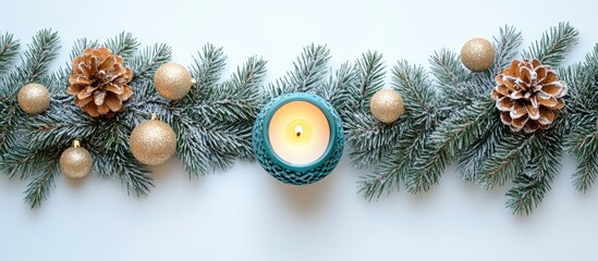 Aufkleber - Festive fir branch with tinsel pine cones and teal candle on white background for holiday celebrations and seasonal decor themes