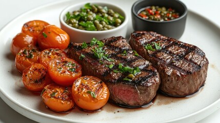 Poster - Grilled beef fillet served with roasted tomatoes, capers, and a flavorful sauce on a white plate isolated on a clean background