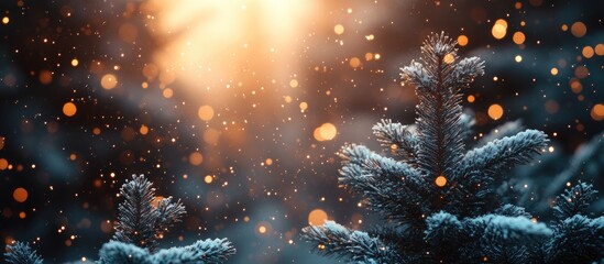 Poster - Snowy fir trees with sparkling bokeh and soft sunlight creates a magical winter ambiance for festive seasonal backdrops.