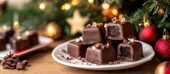 Aufkleber - Festive chocolate pralines on a plate surrounded by Christmas decorations and greenery creating a warm holiday atmosphere