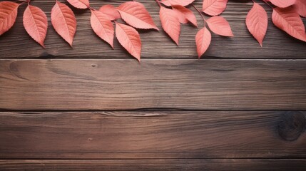 Poster - Autumn leaves arrangement on rustic wooden background ideal for seasonal food themes or nature-inspired designs