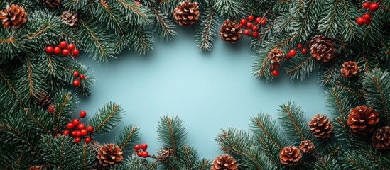 Aufkleber - Festive Christmas backdrop with fir branches pine cones and berries empty space for promotional text bright colored background flat lay perspective