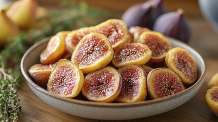 Aufkleber - Dried figs arranged on a rustic plate with fresh figs and herbs adding a touch of elegance to a healthy food display