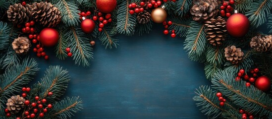 Aufkleber - Christmas rustic wooden backdrop adorned with pine cones and festive ornaments featuring ample copy space for seasonal designs