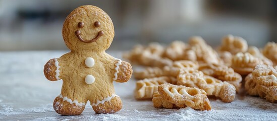 Poster - Gingerbread cookie man smiling surrounded by assorted decorative cookies on a light background perfect for festive themes and baking concepts