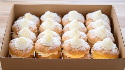 Poster - Cream puff cakes in a box showcasing delicate pastries filled with creamy goodness and topped with powdered sugar and whipped cream.